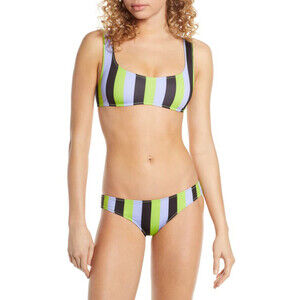 Solid & Striped Elle Bikini Bra In Lavender Lime Black Stripe Size L